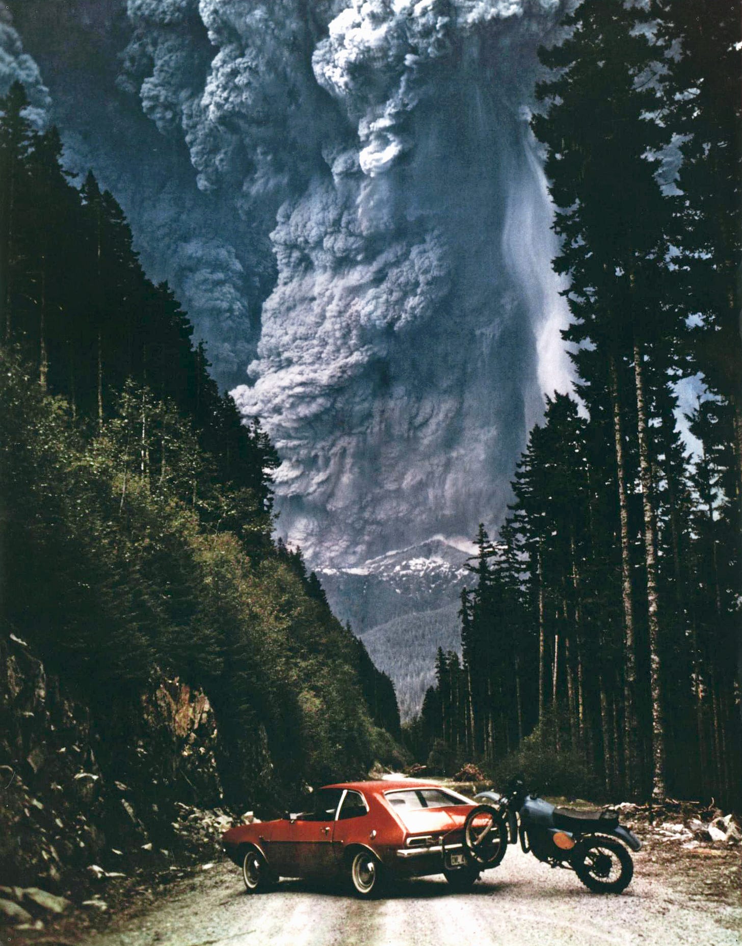 Photograph of a pinto with Mount St. Helens erupting in the background. Photograph of a pinto with Mount St. Helens erupting in the background.
